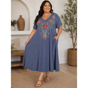 OnThe Plus Side Blue Red 4X Embroidery Floral Midi Dress boho peasant Stretchy